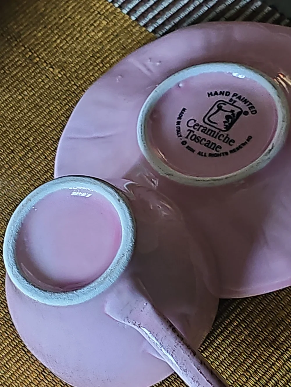Hand-painted Italy Demitasse Set Pink Ceramic Teacup and Saucer Distressed Glaze